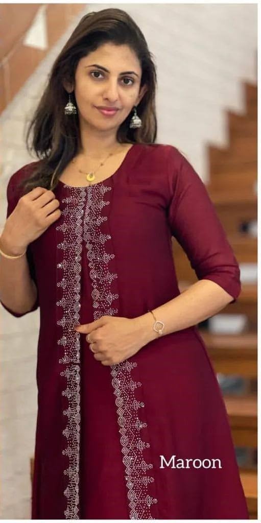 Silk Long Kurti Women’s A Line Kurti Ethnic Kurti for Festive, Wedding and Casual Wear in Much Colour (in, Alpha, 2XL, Regular, Maroon)