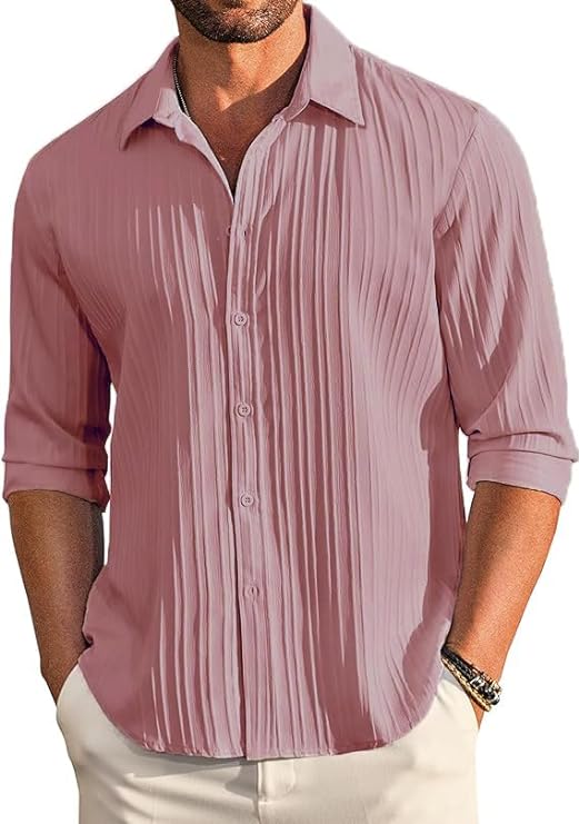 Men’s Casual Button Down Shirts Long Sleeve Linen Shirt Fashion Textured Beach Summer Shirt