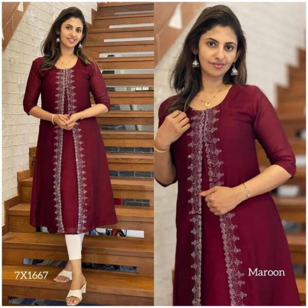 Silk Long Kurti Women's A Line Kurti Ethnic Kurti for Festive, Wedding and Casual Wear in Much Colour (in, Alpha, 2XL, Regular, Maroon) - Image 4