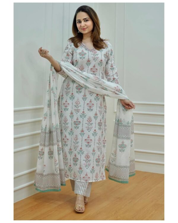 Buy KLOSIA Women Printed Kurta and Pant Set with Dupatta (IN, Alpha, M, White) - Image 5