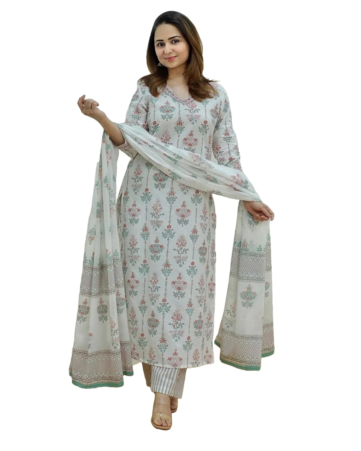 Buy KLOSIA Women Printed Kurta and Pant Set with Dupatta (IN, Alpha, M, White)