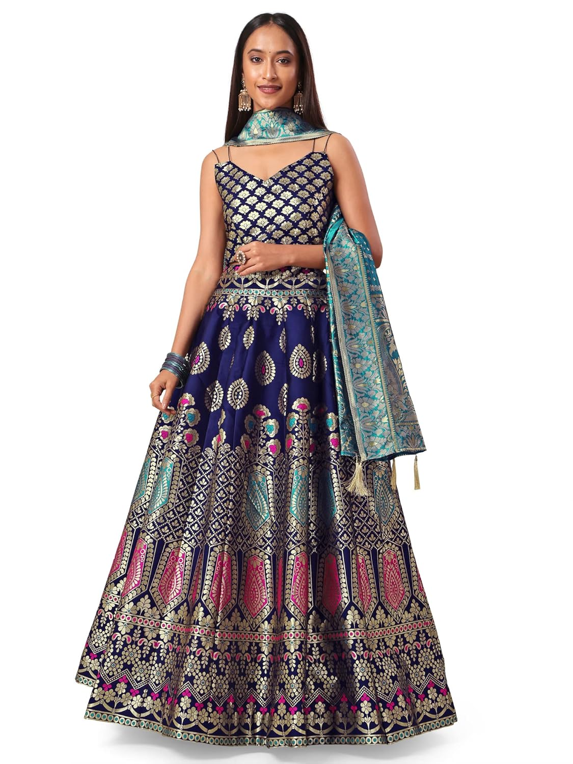 Women’s Jacquard Semi-Stitched Lehenga choli (Chahat-Navy-Blue_Navy-Blue_Free Size)