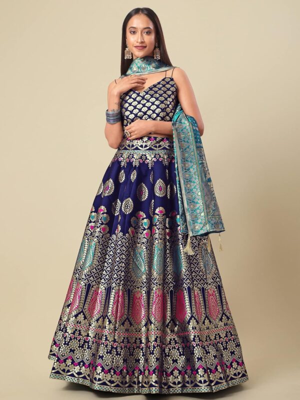 Women's Jacquard Semi-Stitched Lehenga choli (Chahat-Navy-Blue_Navy-Blue_Free Size) - Image 4