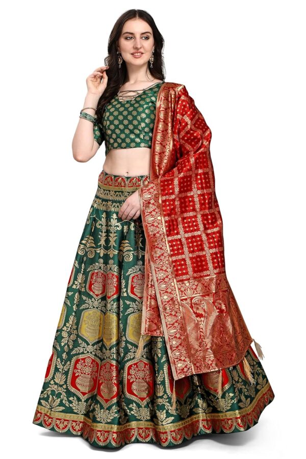 Women's Jacquard Semi-Stitched Lehenga choli (Kalash-D-Green_Green_Free Size) - Image 3