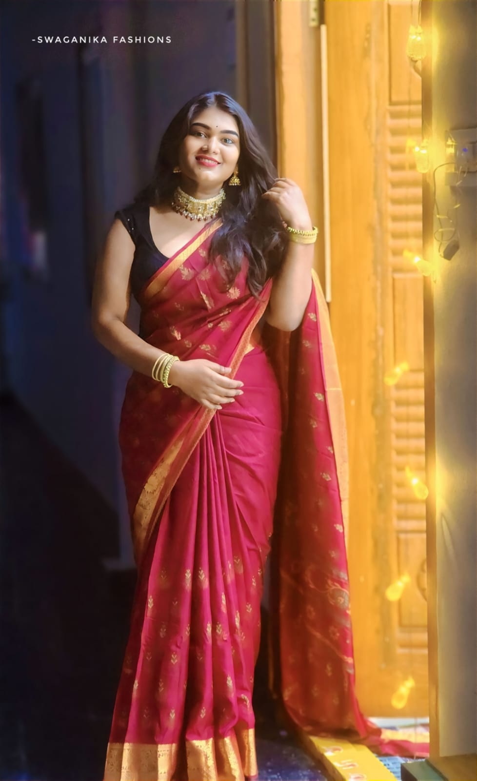 Copper Silk Saree in a rich maroon hue with an elegant golden border